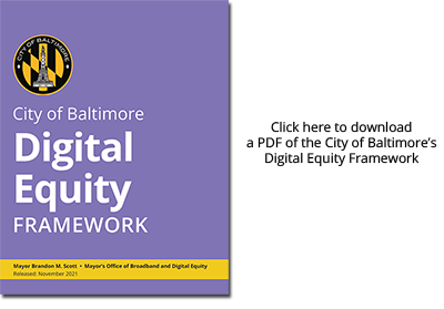 City logo with text 'City of Baltimore Digital Equity Framework'.  Beneath that on gold background: 'Mayor Brandon M. Scott - Mayor's Office of Broadband and Digital Equity.  Release November 2021'.  To right: Click here to download plan